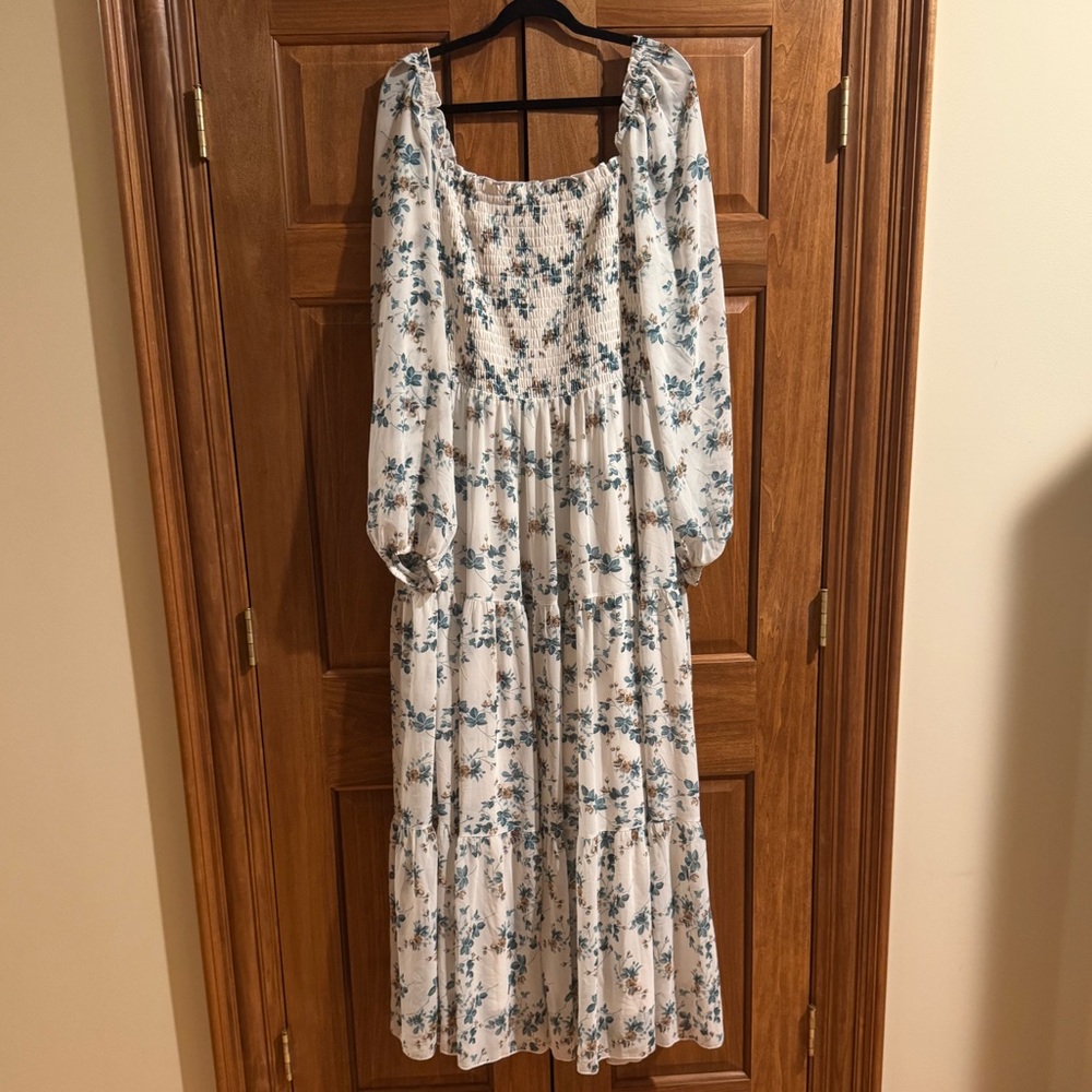 Baltic Born Long Sleeve Floral Dress in Blue and Cream